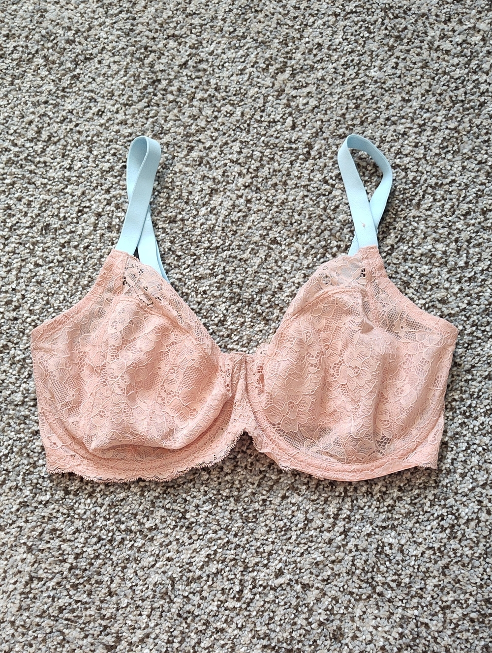 Peach Lace Underwire Bra with Light Blue Straps